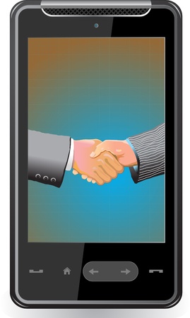 Realistic mobile phone with handshake on screenのイラスト素材