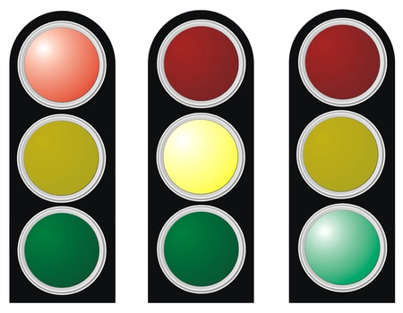 traffic lights with red, yellow and green lights on white background の写真素材