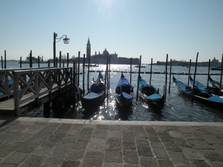 Gondolas on Grand Canal and San Giorgio Maggiore church in Veniceの写真素材