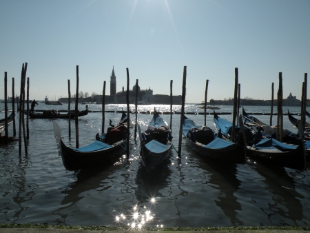 Gondolas on Grand Canal and San Giorgio Maggiore church in Veniceの写真素材