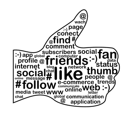 Illustration of the thumb up symbol, Which is Composed of words on social media themes. Isolated on white.のイラスト素材