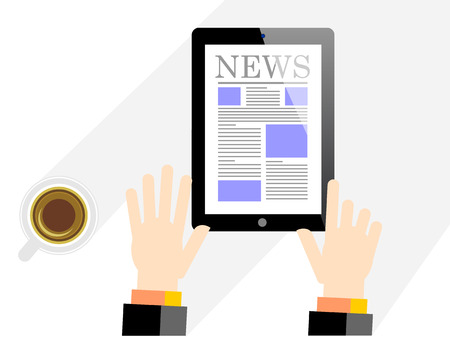 male hands with newspaper on tablet vector eps 10のイラスト素材