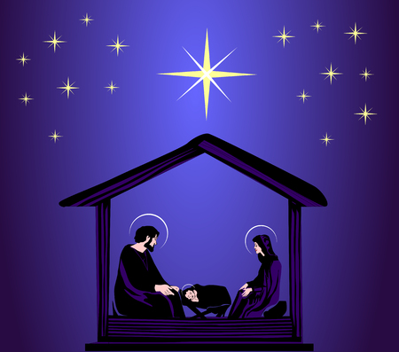 Christmas Christian nativity scene with baby Jesus in the manger in silhouette..のイラスト素材