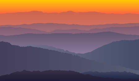 landscape with purple orange silhouettes of mountainsのイラスト素材