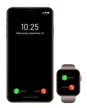 Brand new realistic mobile phone black smartphone with smartwatchのイラスト素材