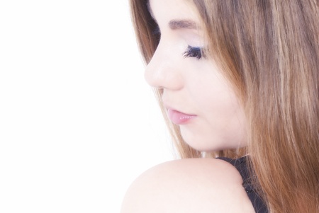 Elegant woman portrait close-up looking downの写真素材