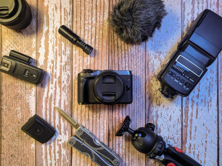 black photocamera and accessories background