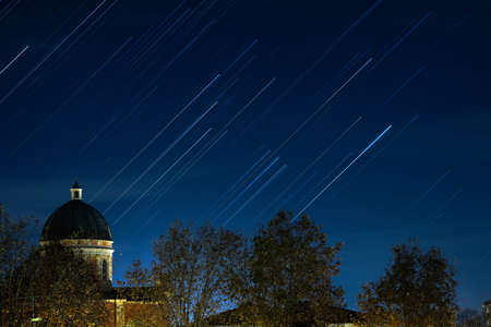 Starry night star trails view in Boretto, Emilia Romagna, Italy