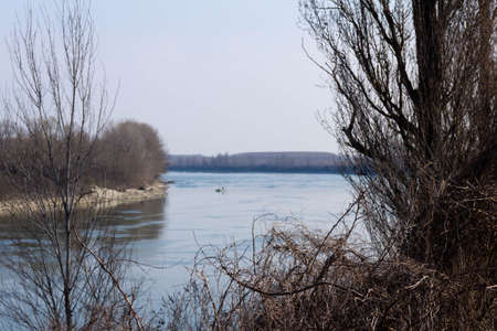 View of Po river. Sand industry, Italy