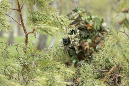 Camouflaged sniper aim your rifle at the camera in the forest. Army, military, airsoft, hobby, hunting, war, technology and people conceptの写真素材