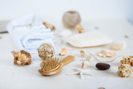 bath accessories on the bamboo mat. Spa and bathroom aromatherapyの写真素材