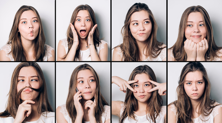 Set of young girl emotions. using mobile. Happiness, surprise, disgust. Positive and negative...