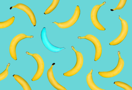 Outstanding blue banana among yellow banana on pastel blue background. Fruits fall from top to bottomの写真素材