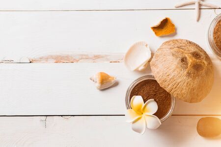 Spa decoration, natural organic body care products. Beautiful composition with coconut, coffee...