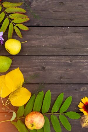 Vertical brown wooden background with autumn leaves, flowers and fruit with copy space for text