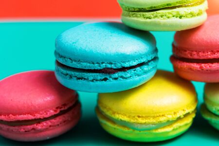 Closeup of delicious fresh macaroon with different fillings on the table, macro photoの写真素材