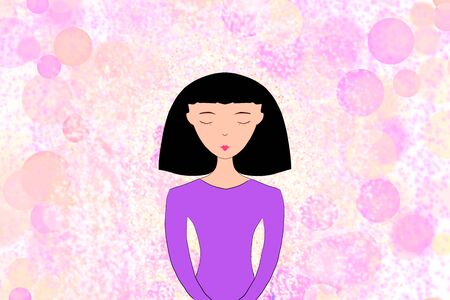 A beautiful brunette woman with a square hairstyle and bangs closed her eyes on a bright abstract background in a purple jacket. Procreate, program, illustration drawing. Dreams, desires.の写真素材