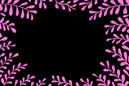 frame with pink branches, leaves on black background, copy space. Illustration drawing, Procreate program.の写真素材