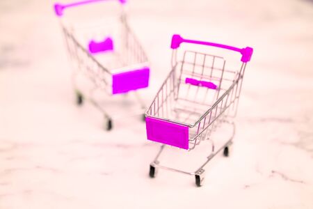 Shopping, purchases, supermarket, sale, mall concept. Two empty metal small miniature toy shopping trolley on light background. Selective focus.の写真素材