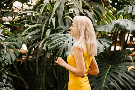 Woman in swimsuit on tropical plants backgroundの写真素材