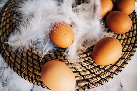 Happy Easter background, chicken eggsの写真素材