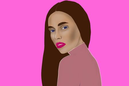 A beautiful brunette woman with a square hairstyle and bangs closed her eyes on a bright abstract background in a purple jacket.の写真素材
