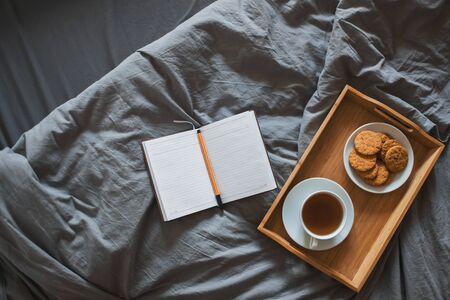 Morning. Breakfast in the bedの写真素材