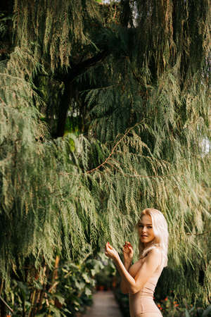Woman in swimsuit on tropical plants backgroundの写真素材