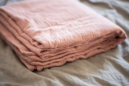 Beautiful pink muslin plaid, blanket, fabric on the bed on a gray background, closeupの写真素材