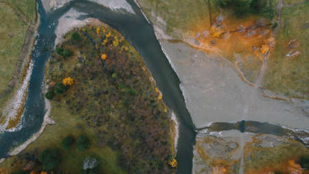 Autumn, river, top view. Shooting with the drone of natureの写真素材