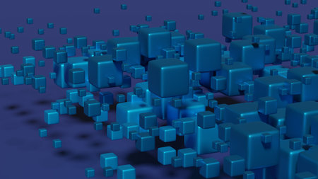 Abstract blue metallic 3d cubes of different sizes on a purple background with shadowsの写真素材