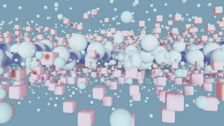 Abstract dynamic 3d spheres and cubes different color and size on a blue backgroundの写真素材