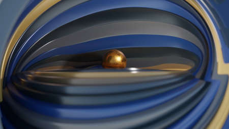 Fractal digital 3D design.Abstract fractal shape of spiral blue gold brown vortex swirling around the levitating golden sphere.の写真素材