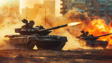 Two tanks are in a battle, one of which is firing a cannon. The other tank is also firing, and the...