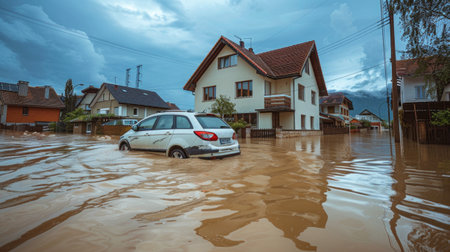 A car is driving through a flooded street. The water is up to the cars hood. Flood, Natural...