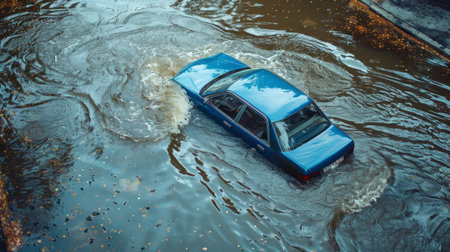 A blue car is driving through a flooded street. The water is deep and the car is submerged. Flood,...