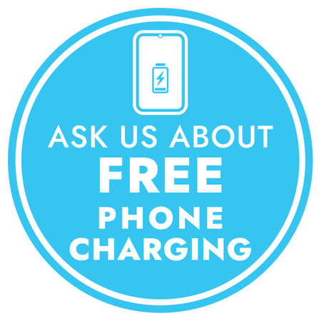Ask us about free phone charging - Blue Vector Information Sign. Round sticker for shops and public places - Free charging.のイラスト素材