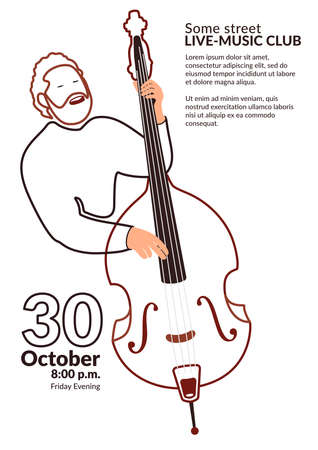 Line art vector poster for a music event or music class. Double bass player poster design - less inc style. Light eco-friendly design of promo materials for a concert or cultural event. Bearded man sings and plays contrabass.のイラスト素材