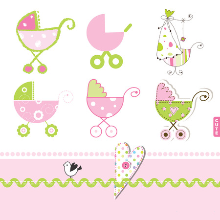 Pink buggy, stroller, Baby girl desgihn elements for scrapbook, invitation card, showersのイラスト素材