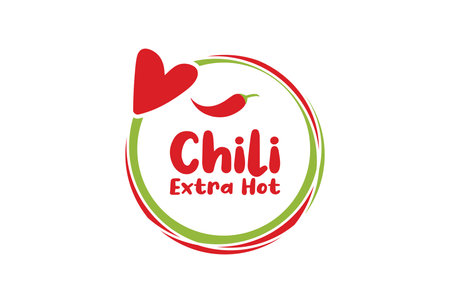 Chili extra hot sign, label, sticker, tag, text design with green line contour and heart, white backgroundのイラスト素材