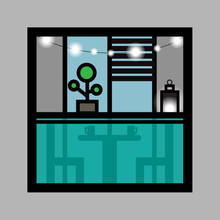 Balcony idea, decor, terrace. Apartment terrace. Romantic balcony with lights, flowers and chairs.のイラスト素材