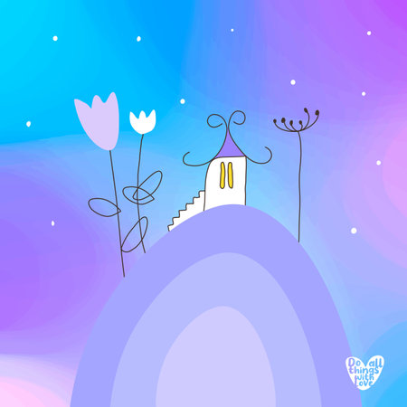 House on the hilll, Do all things with love, illustration, hand drawn, fairytaleのイラスト素材