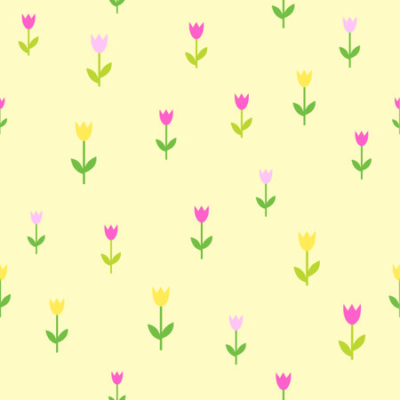 Spring tulips, seamless pattern on yellow backgroundのイラスト素材