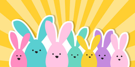 Celebration Greeting Easter card, colorful easter bunny family on sunbeam background