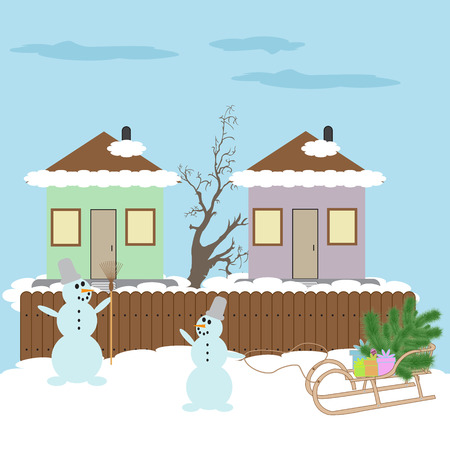 Snowman delivers gifts and Christmas tree on wooden sledのイラスト素材