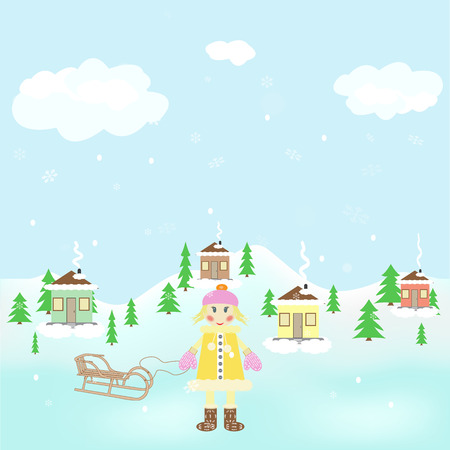 blonde girl with a sled on the background of private housesのイラスト素材