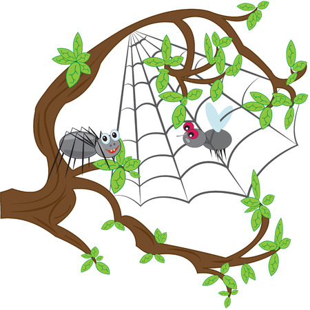 funny spider caught in the web of a flyのイラスト素材
