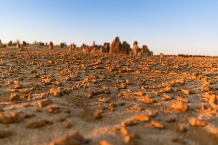 Low shot of desert sandy ground with little rocks and stones