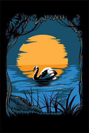 Vector illustration of a swan in a lakeのイラスト素材