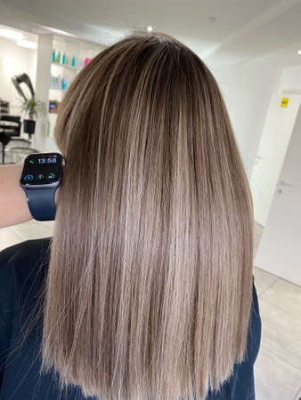 hair. dyed hair. hair coloring. beautiful hair. dyed hair in a beauty salon.の写真素材